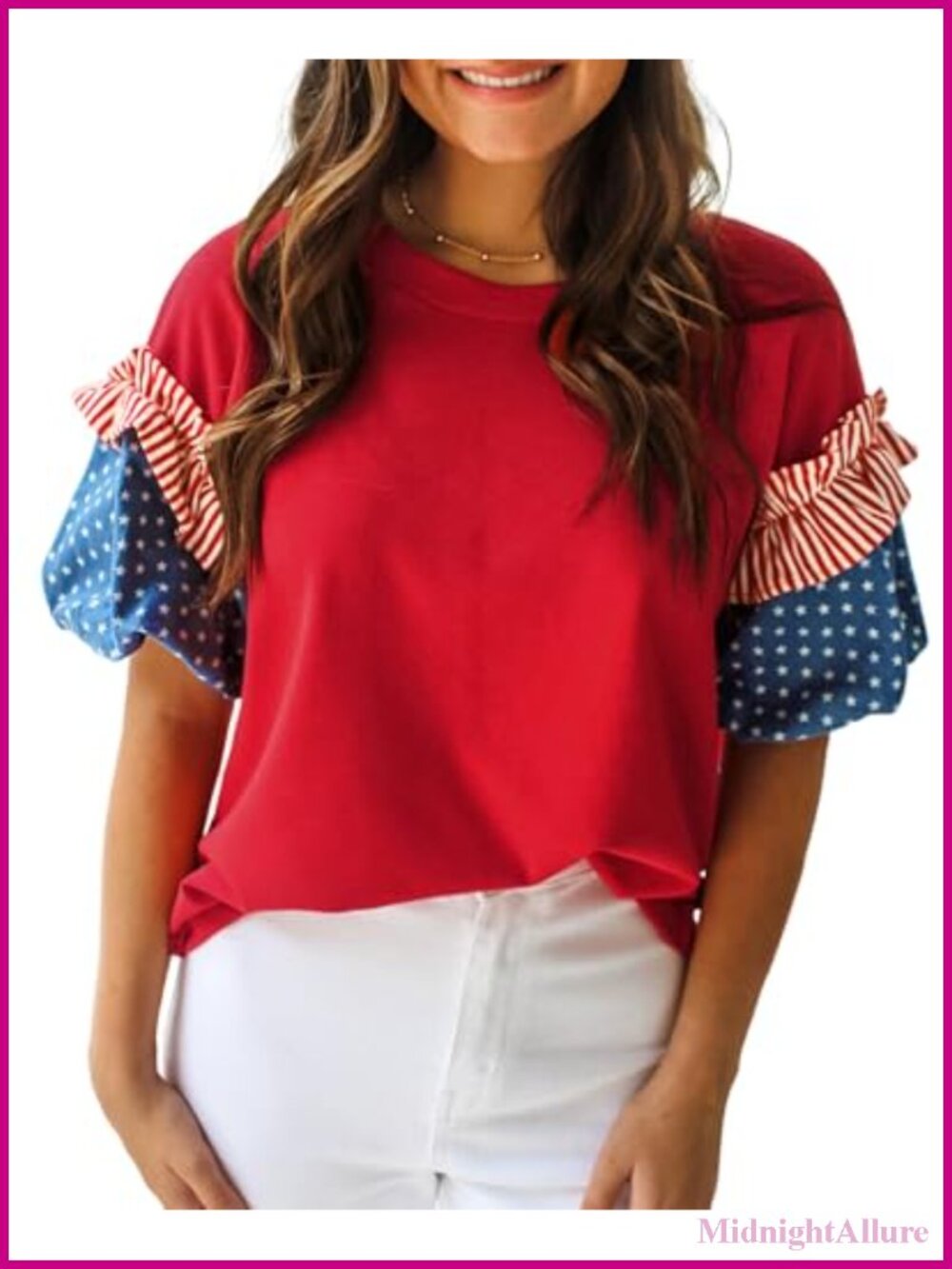 Women's Stars and Stripes Puff Sleeve Round Neck Blouse Dressy Casual Top